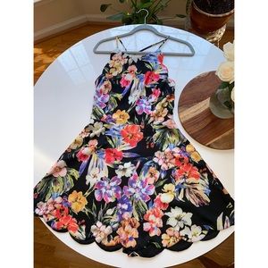 black floral printed a-line tie back mini dress